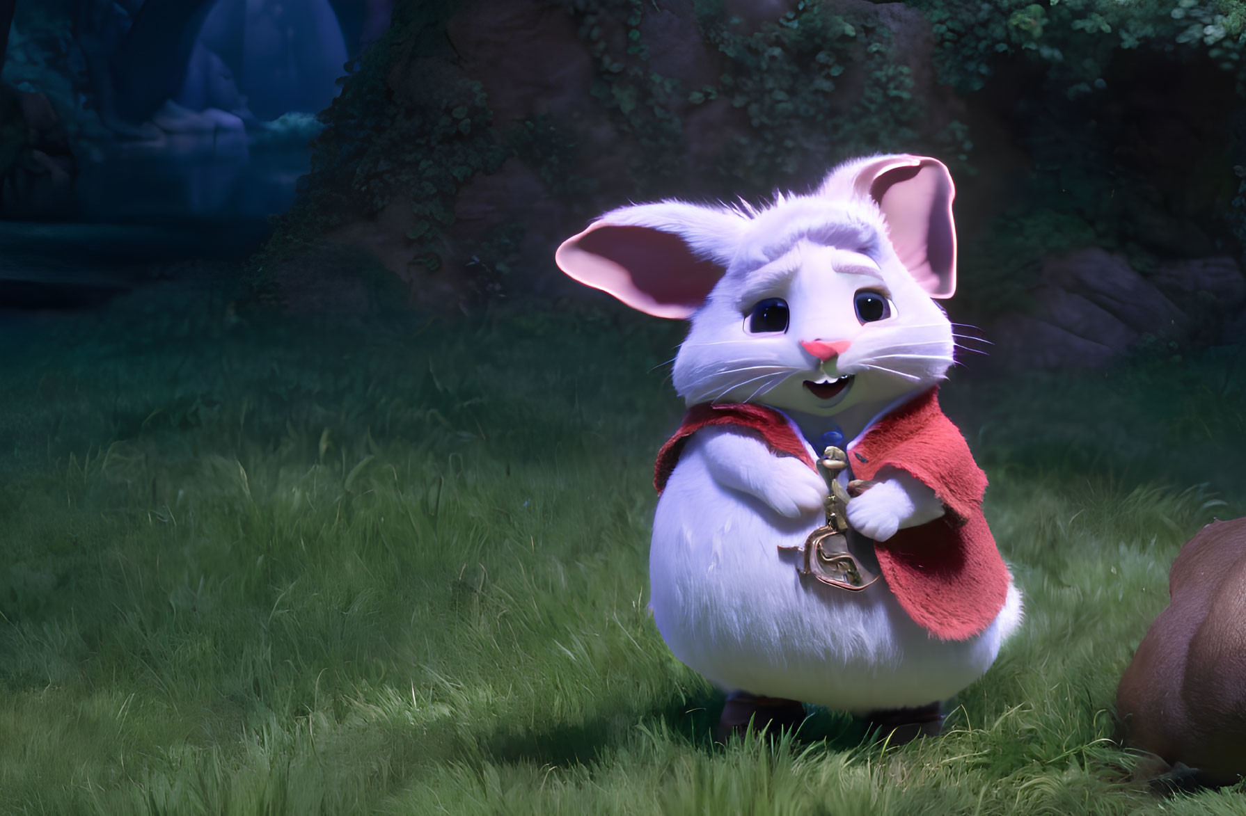 White Rabbit in Red Cloak Stands in Moonlit Forest