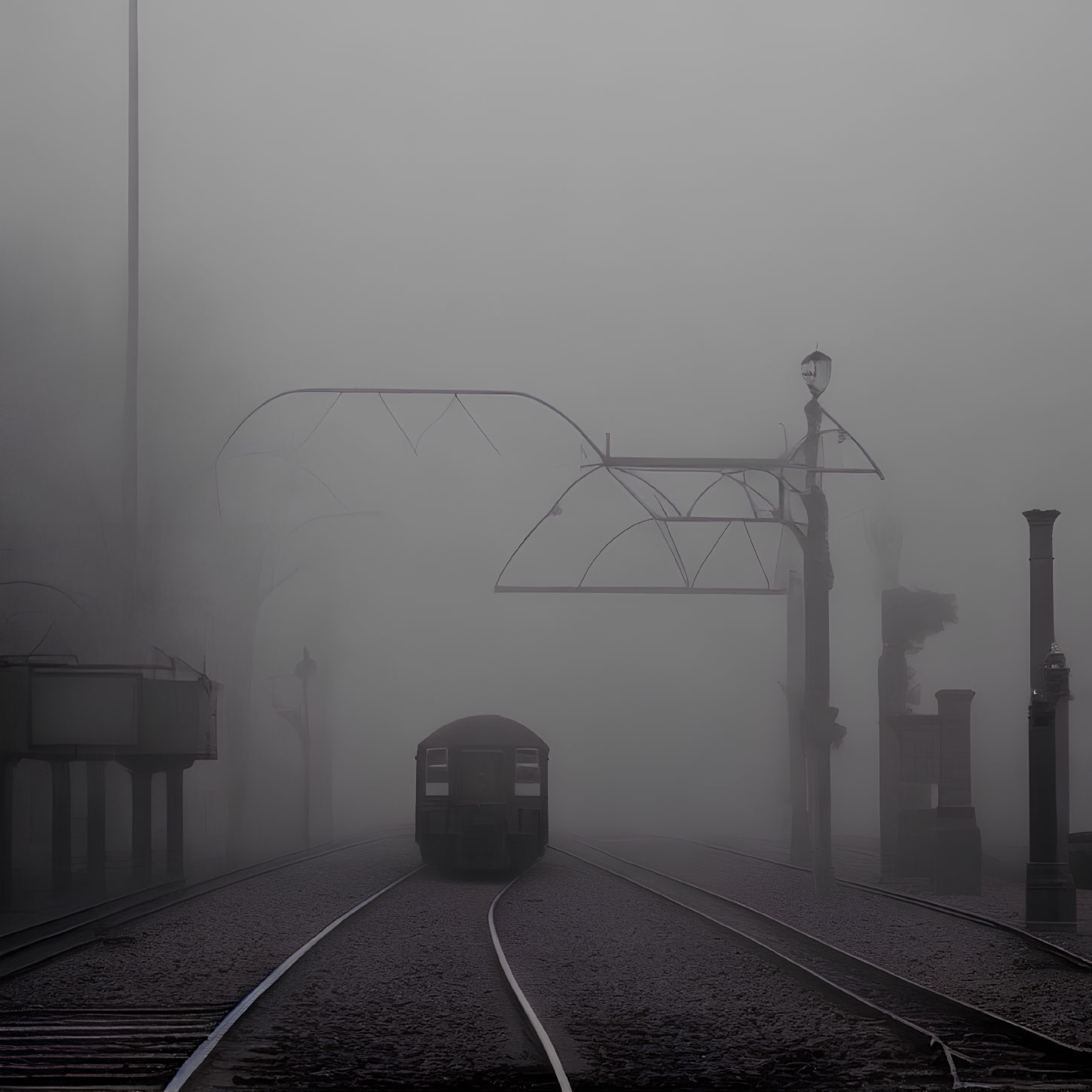 Vintage-style lampposts and foggy train station with approaching train