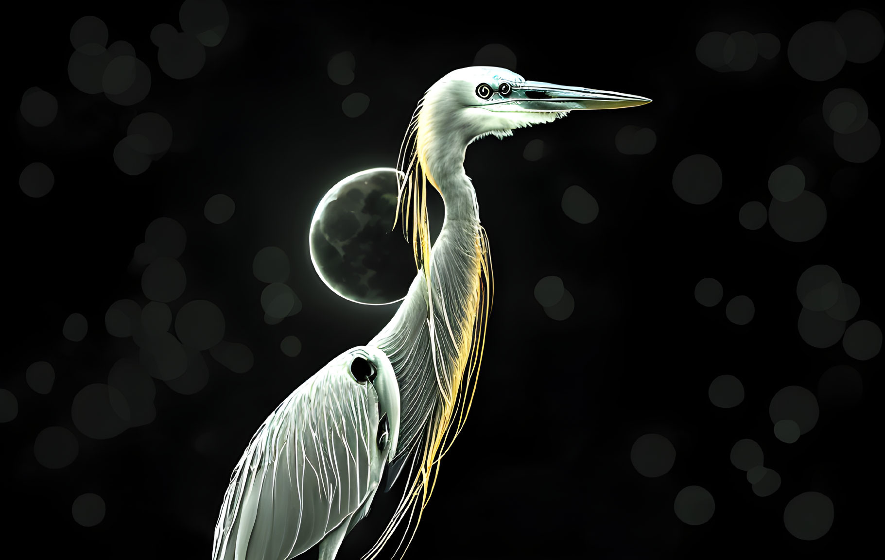 Graceful heron under luminous full moon and bokeh lights.