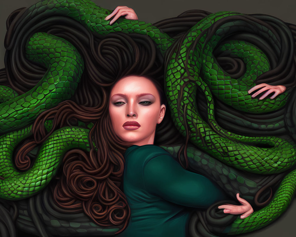 Woman entwined with vibrant green snakes, brown hair mingling.