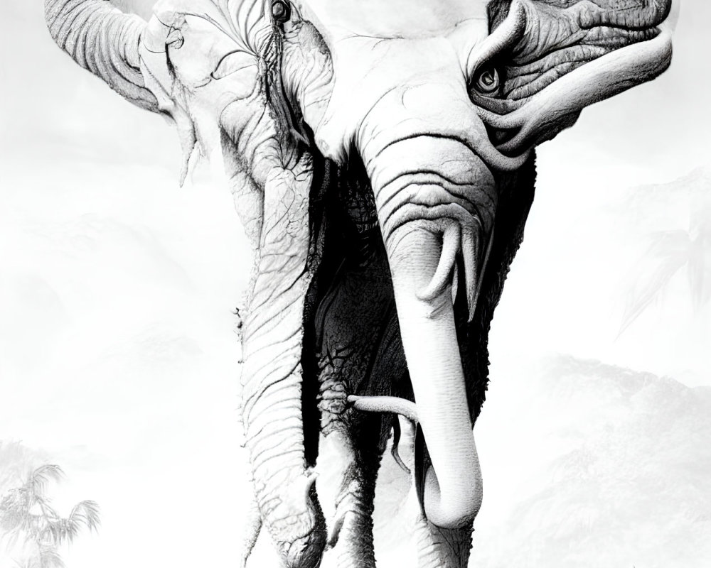 Stylized black and white illustration of a creature with elephant body and multiple animal heads