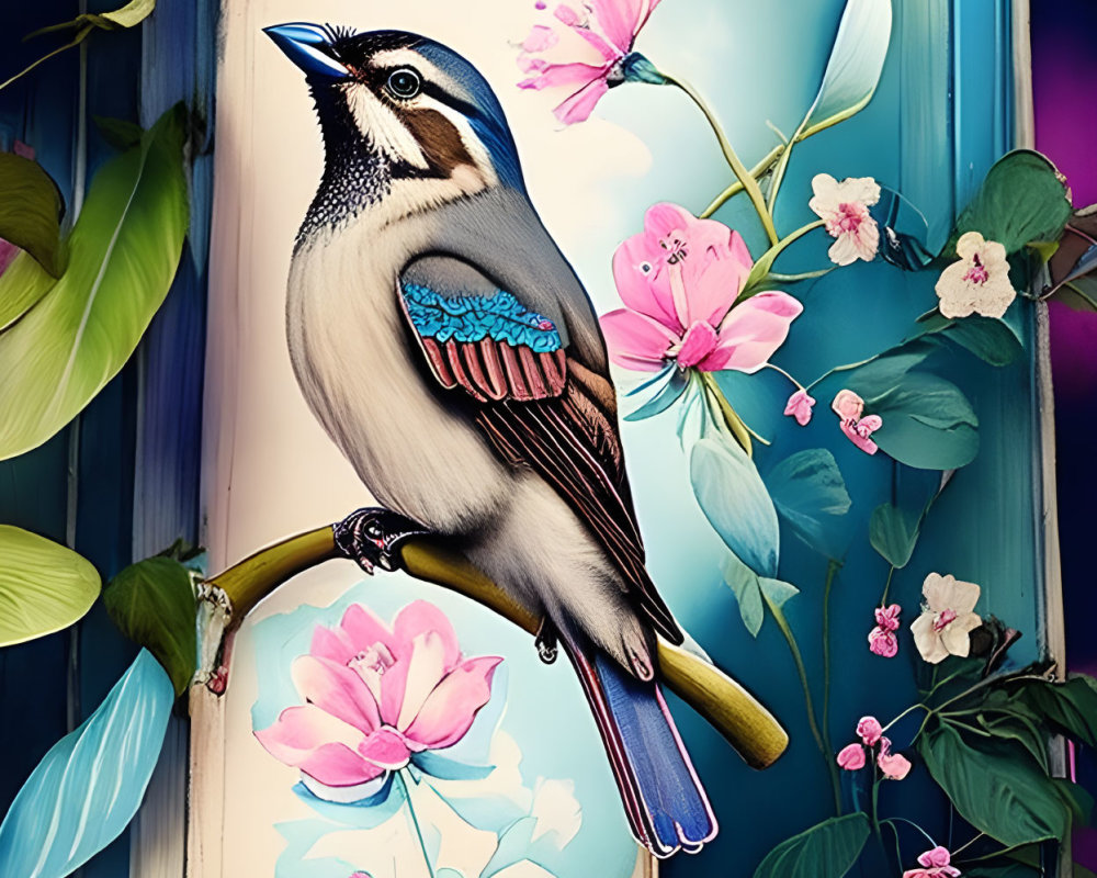 Colorful bird with black mask and blue feathers perched on branch amidst pink flowers and green leaves on