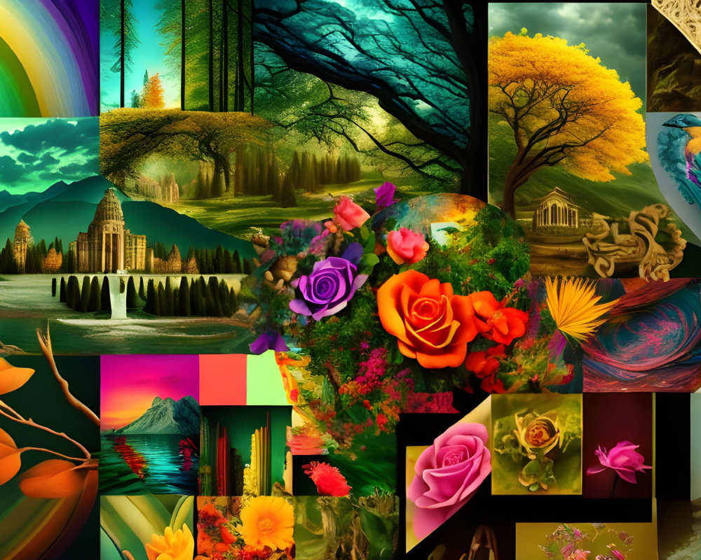 Nature and art collage featuring landscapes, flowers, vivid colors