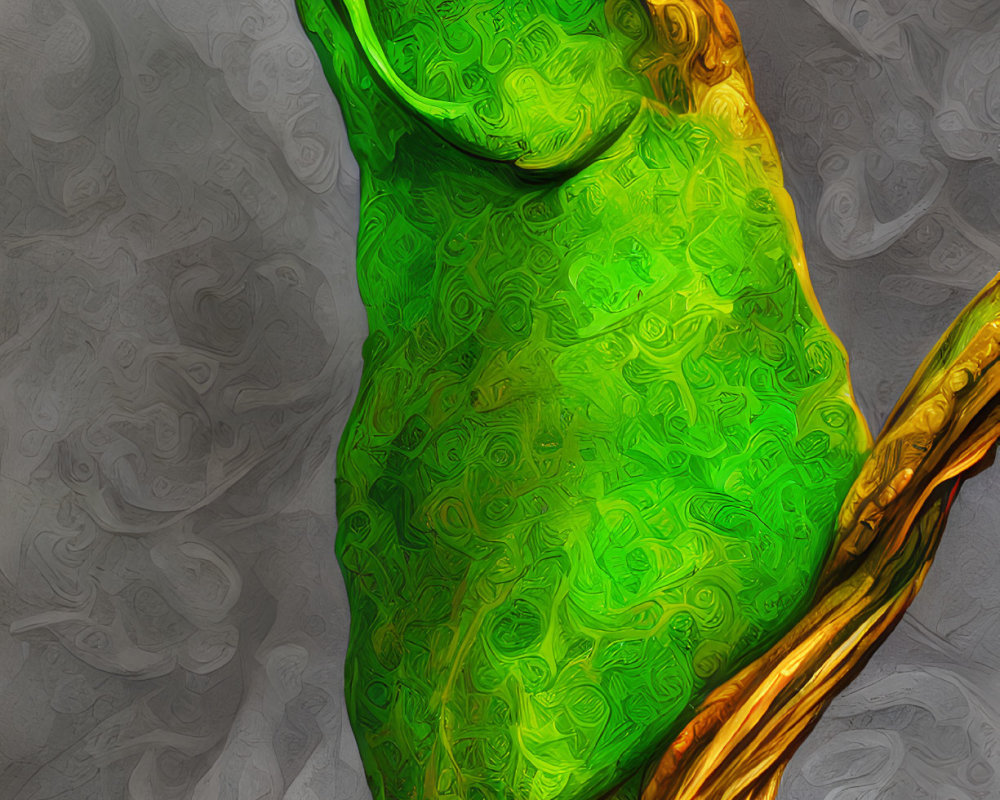 Vibrant green bird with golden accents on branch against textured grey background