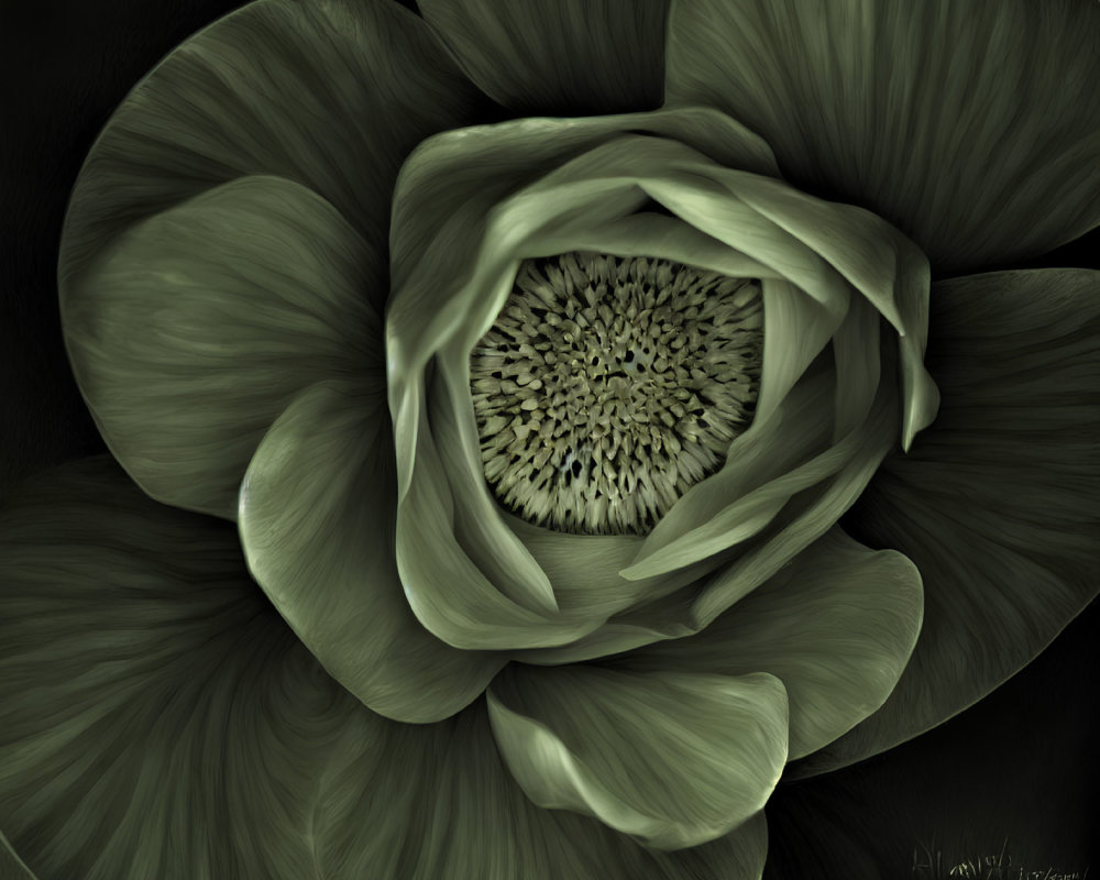 Greenish flower with layered petals and textured center resembling a sea anemone