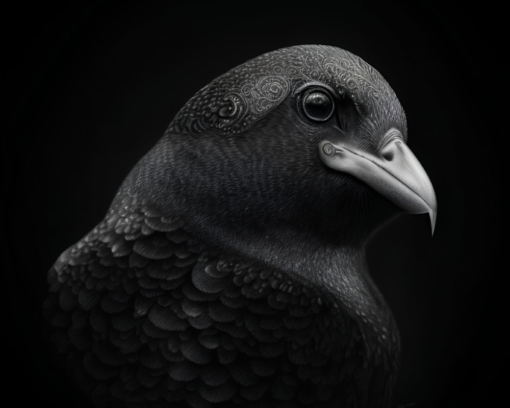 Monochrome pigeon with intricate feather patterns on dark background