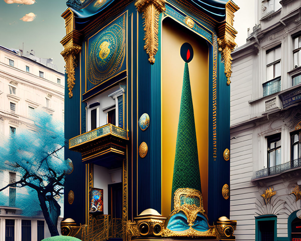 Ornate surreal building facade with blue and gold color scheme and whimsical tree