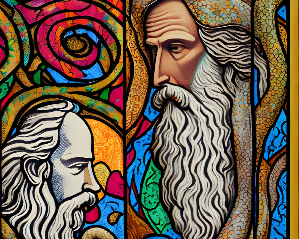 Illustration of two bearded figures in stained glass style with intricate patterns.