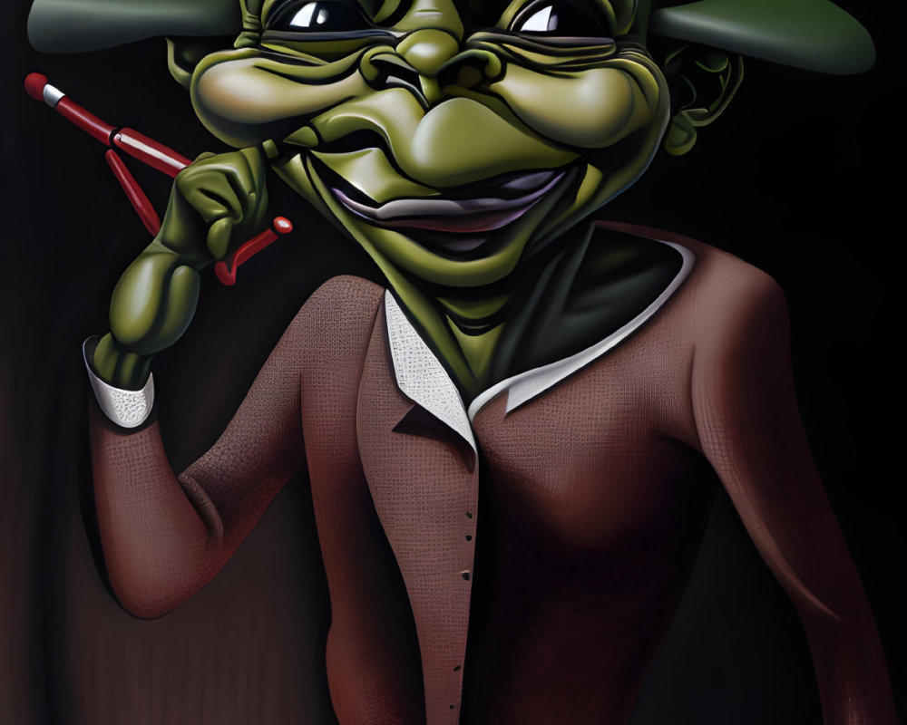 Green-skinned character in brown suit with pen and large ears