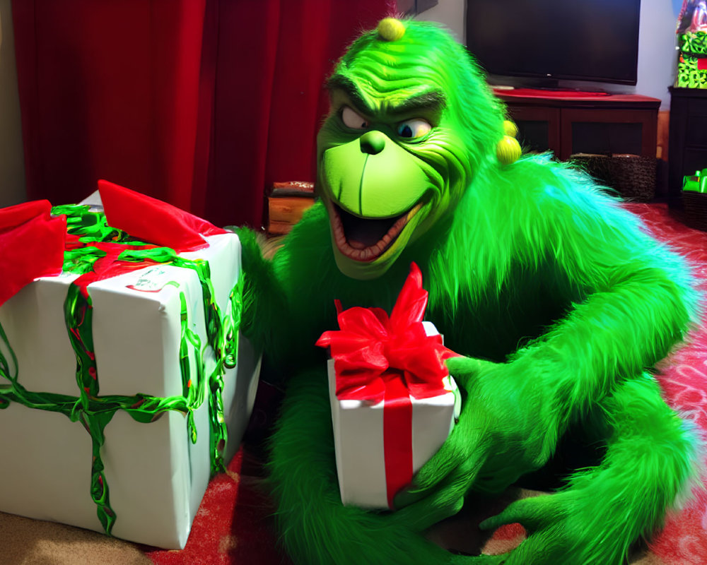 Green Grinch with gifts in festive room