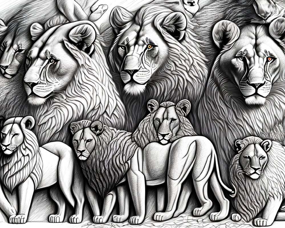 Detailed black & white illustration of a lion pride with varied expressions, intricate shading & textures