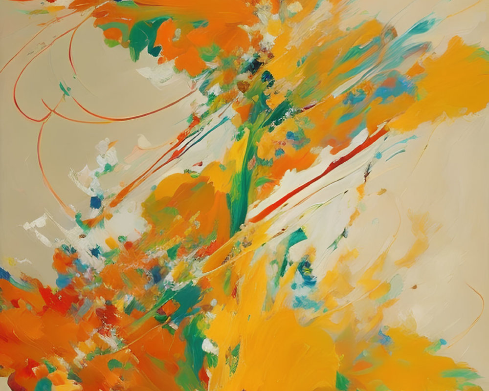 Colorful Abstract Painting with Orange, Yellow, Green, Blue, and Red Strokes