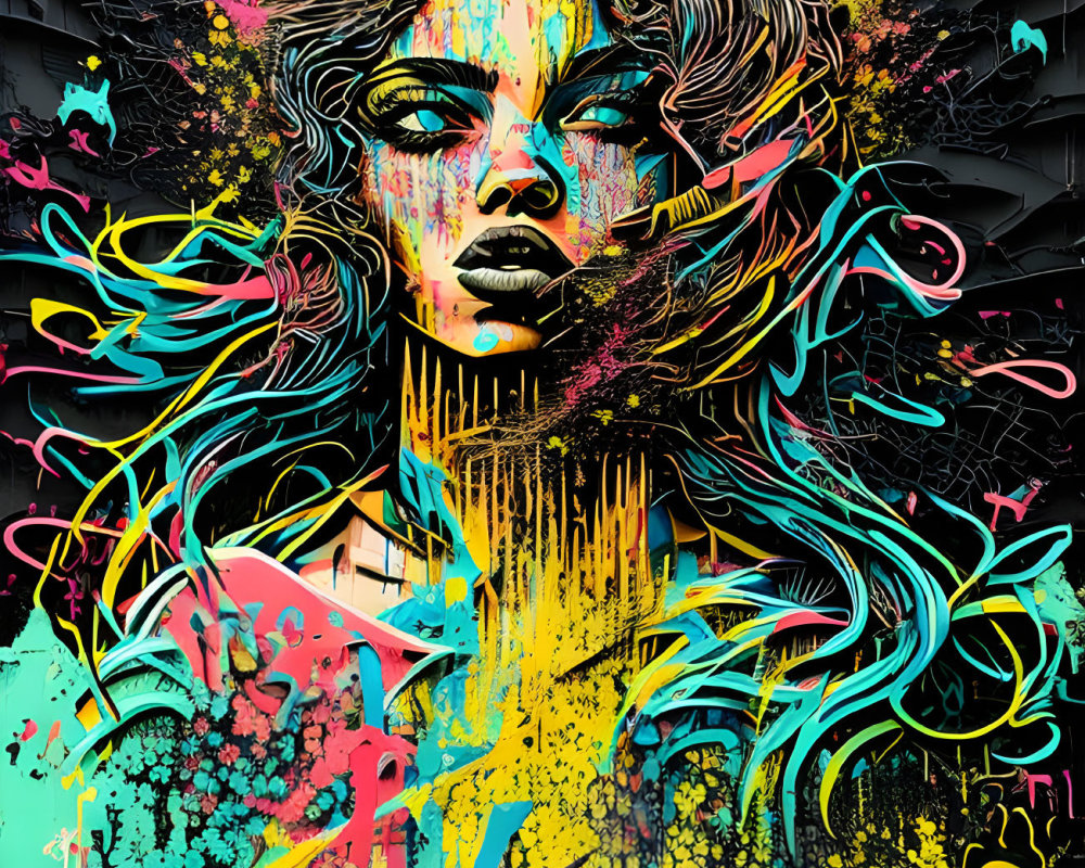 Colorful graffiti-style portrait of a woman with abstract elements on dark urban backdrop