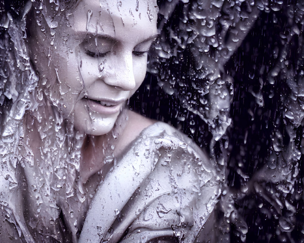 Smiling person behind rain-covered glass pane