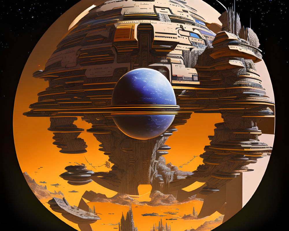 Futuristic spherical space station with skyscrapers on alien landscape