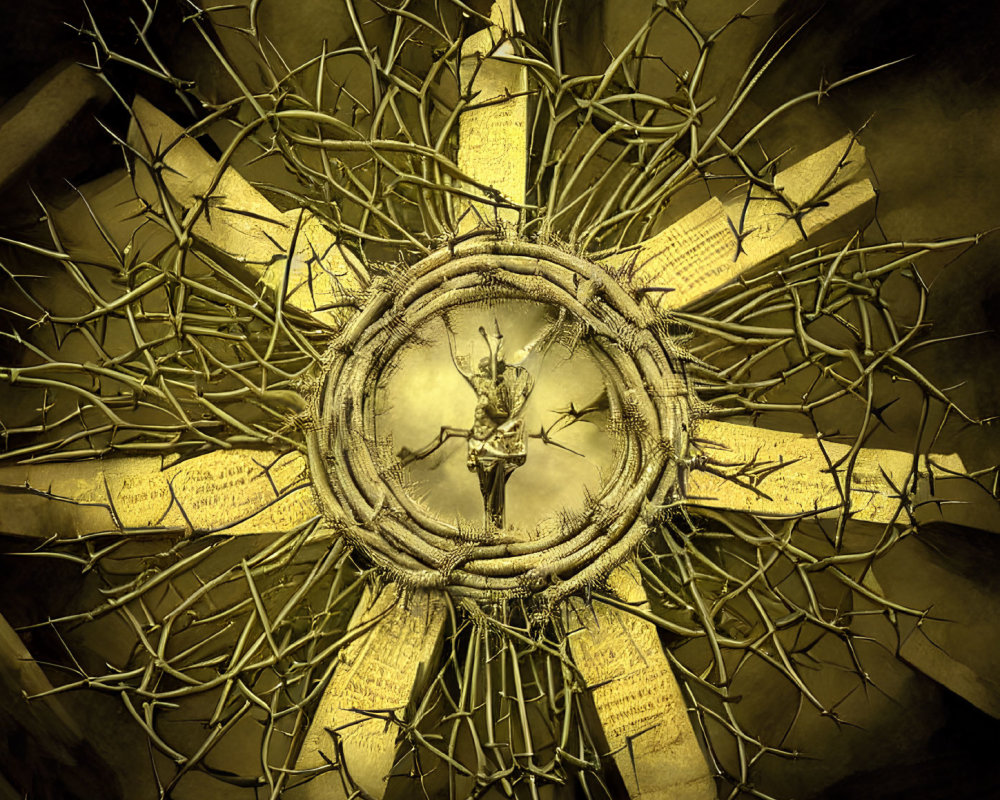 Sepia-toned art: Jesus on cross with crown of thorns, surrounded by script-covered sun