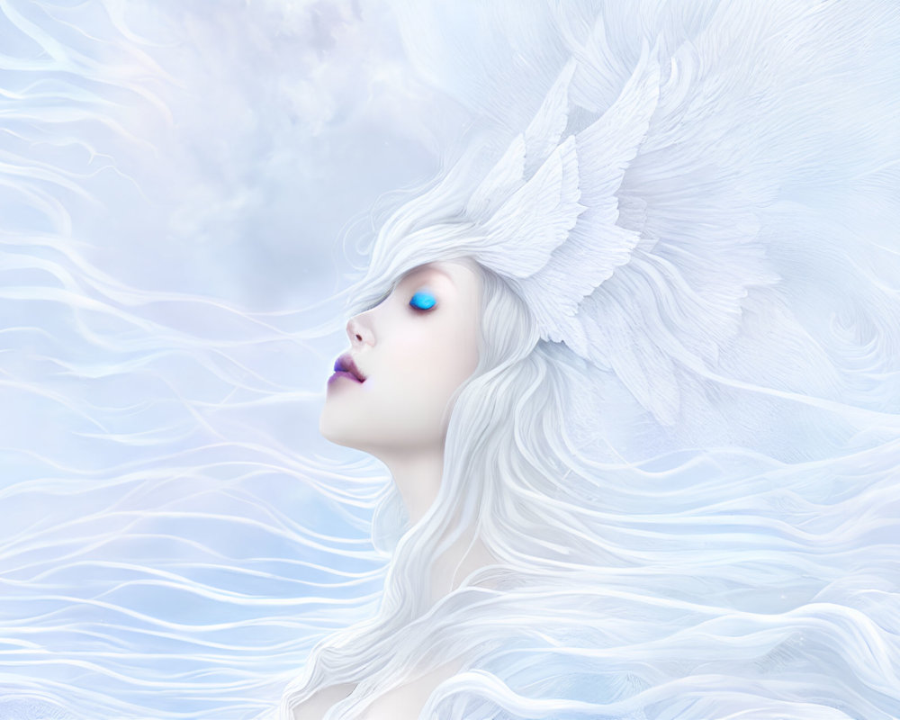 Fantasy illustration of woman with white hair and winged headdress in blue and white backdrop