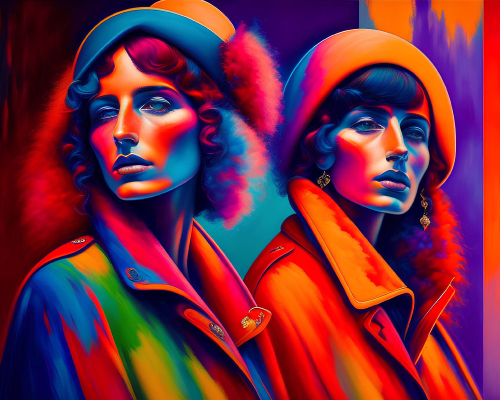 Abstract digital artwork of two female figures in orange and blue attire on vibrant background