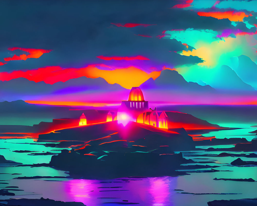 Colorful digital artwork of a glowing building in a fantastical landscape