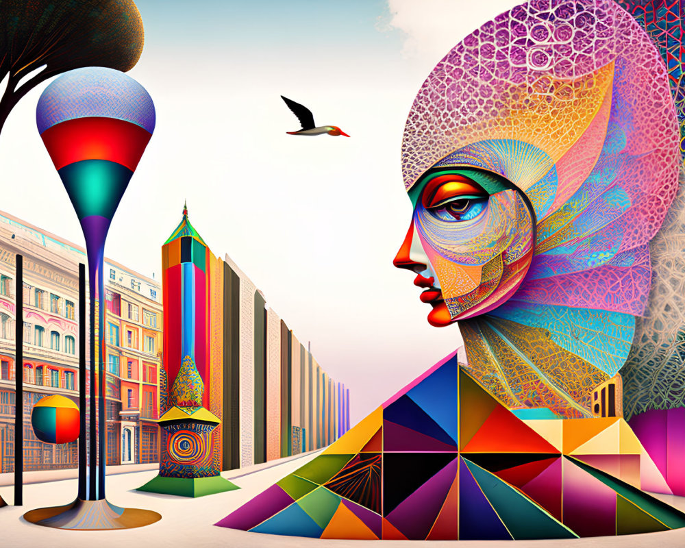 Colorful geometric mosaic human profile against abstract cityscape with bird.