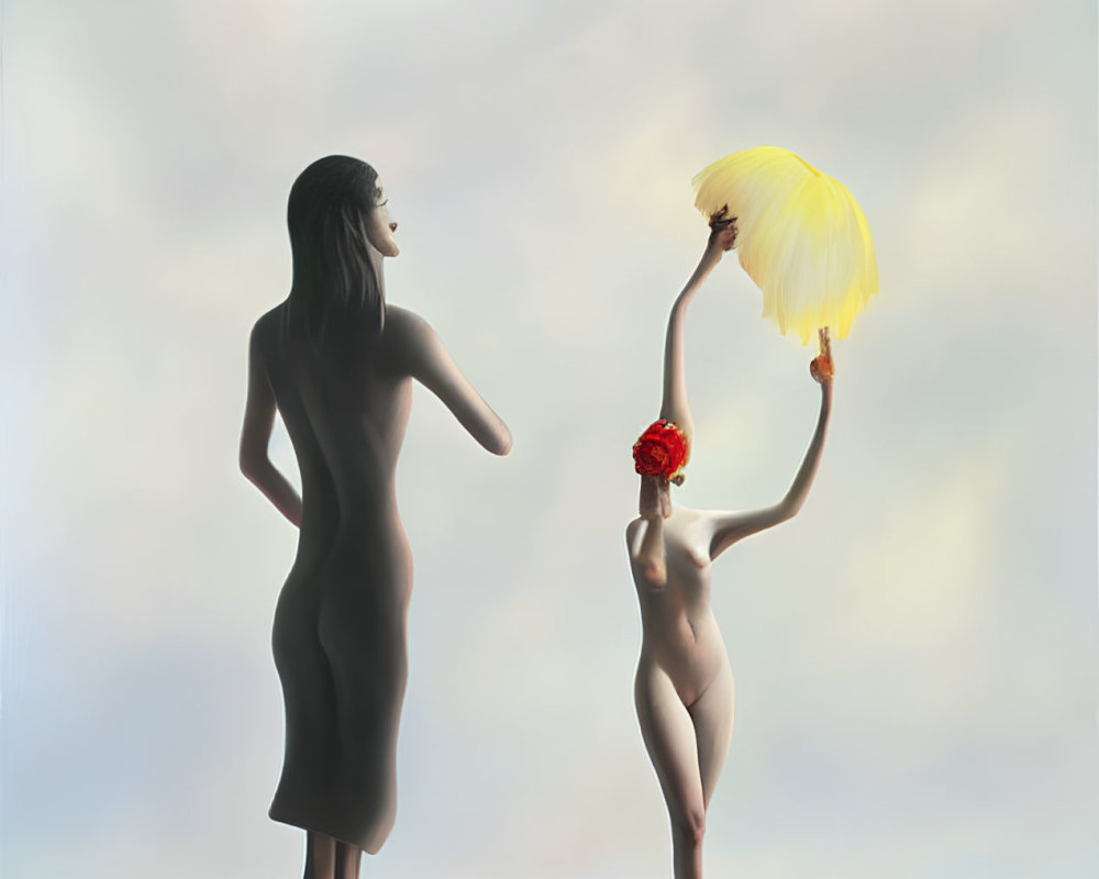 Stylized figures with yellow object in serene landscape