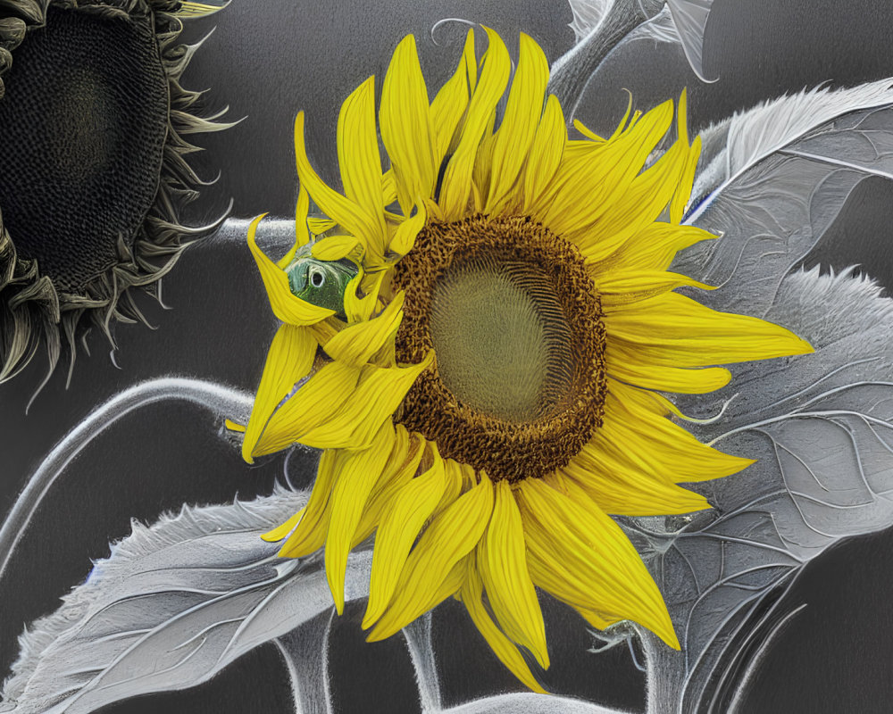 Bright yellow sunflower with green grasshopper on monochrome background