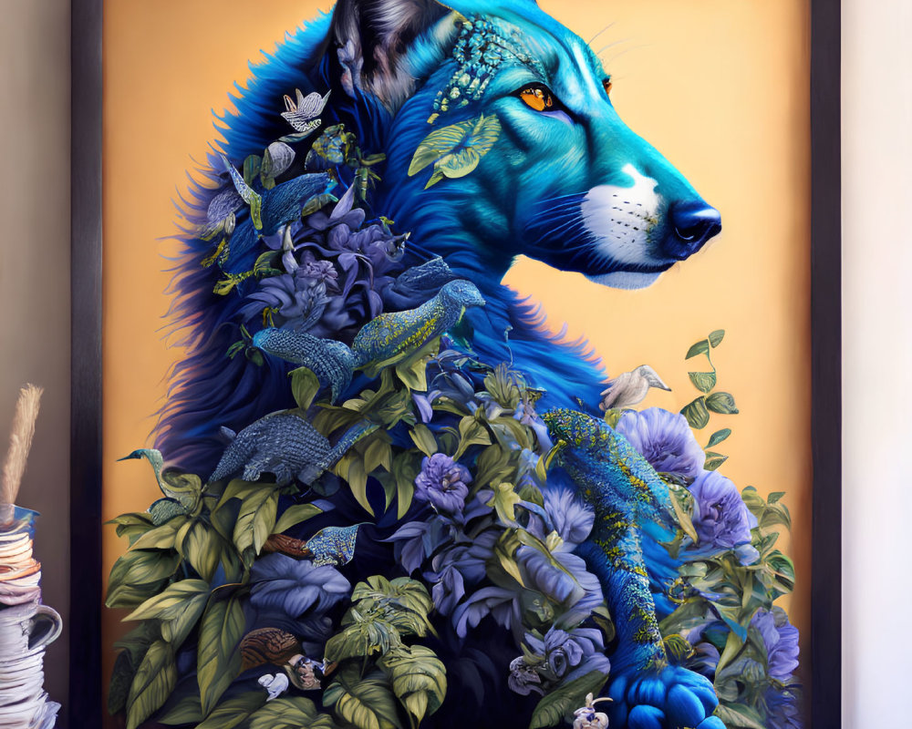 Detailed Blue Wolf Illustration Surrounded by Flora and Fauna on Wall