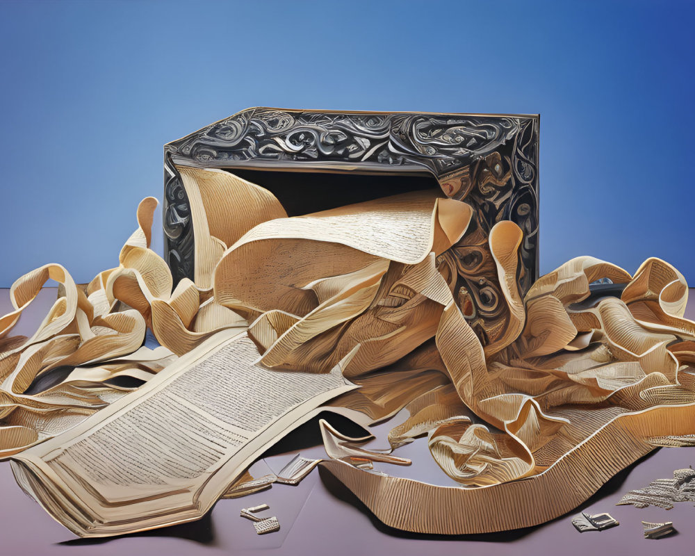 Ornate box spilling ribbon-like paper and shredded book pieces on blue gradient background