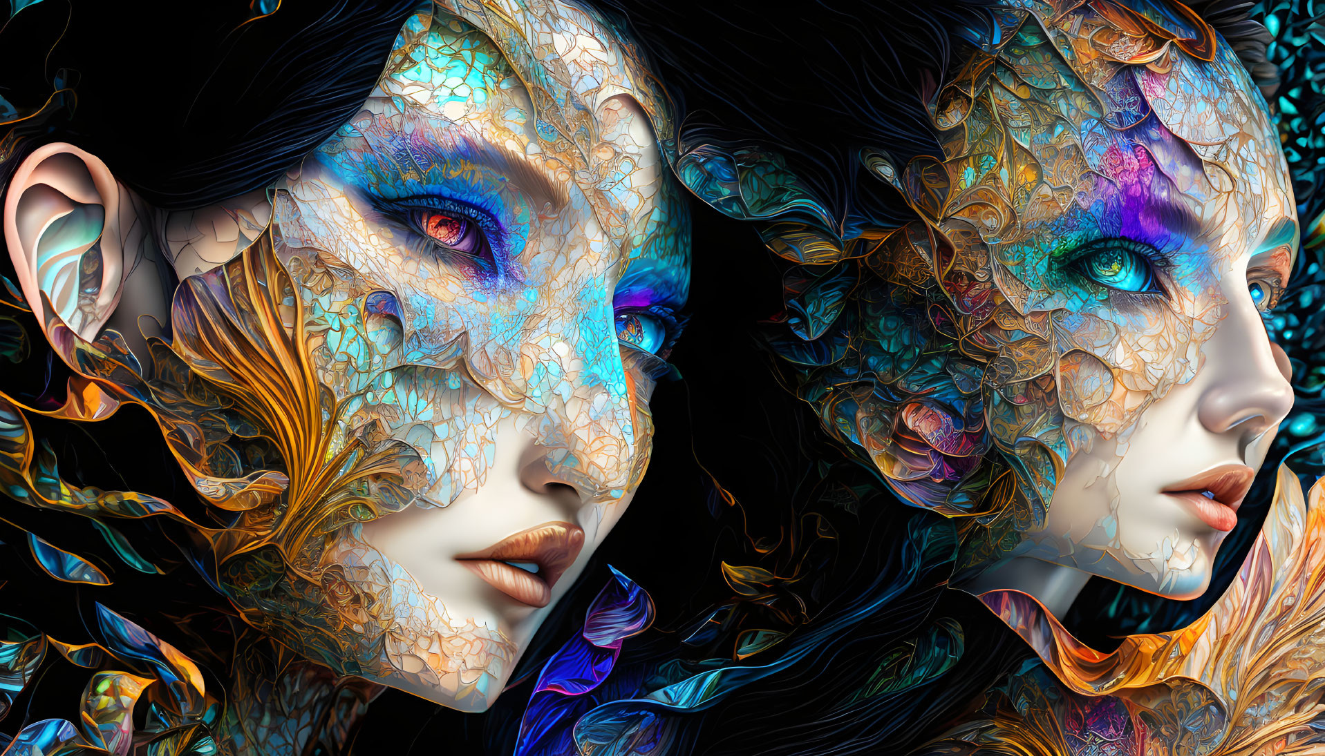 Ethereal beings with leaf-like textures and blue eyes in digital art