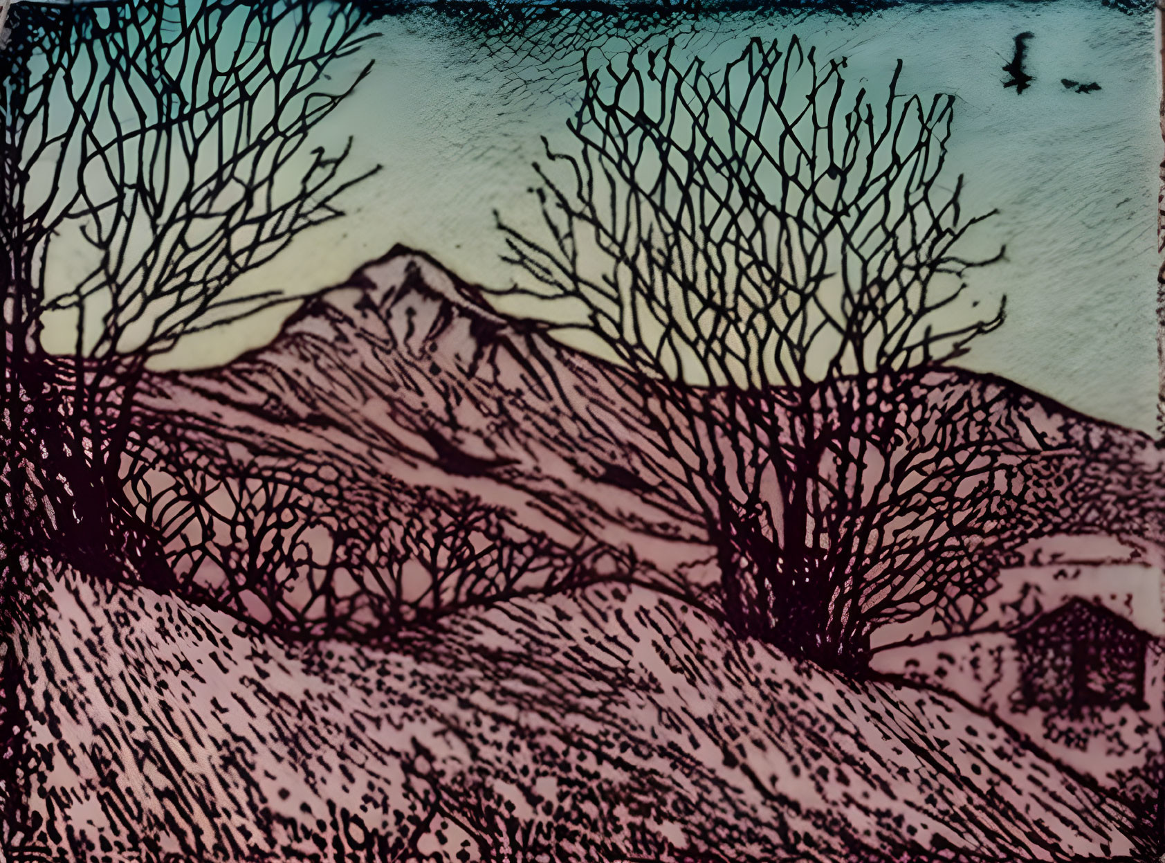 Rural Scene with Bare Trees and Rolling Hills in Ink-Like Artwork