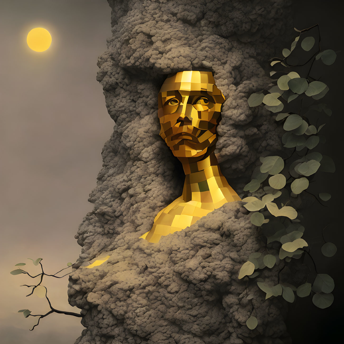 Golden Human Face Sculpture Emerging from Grey Rock with Vines