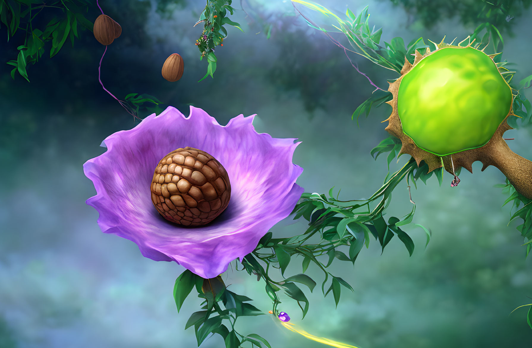 Digital Artwork: Brown Seed in Purple Flower with Green Fruit