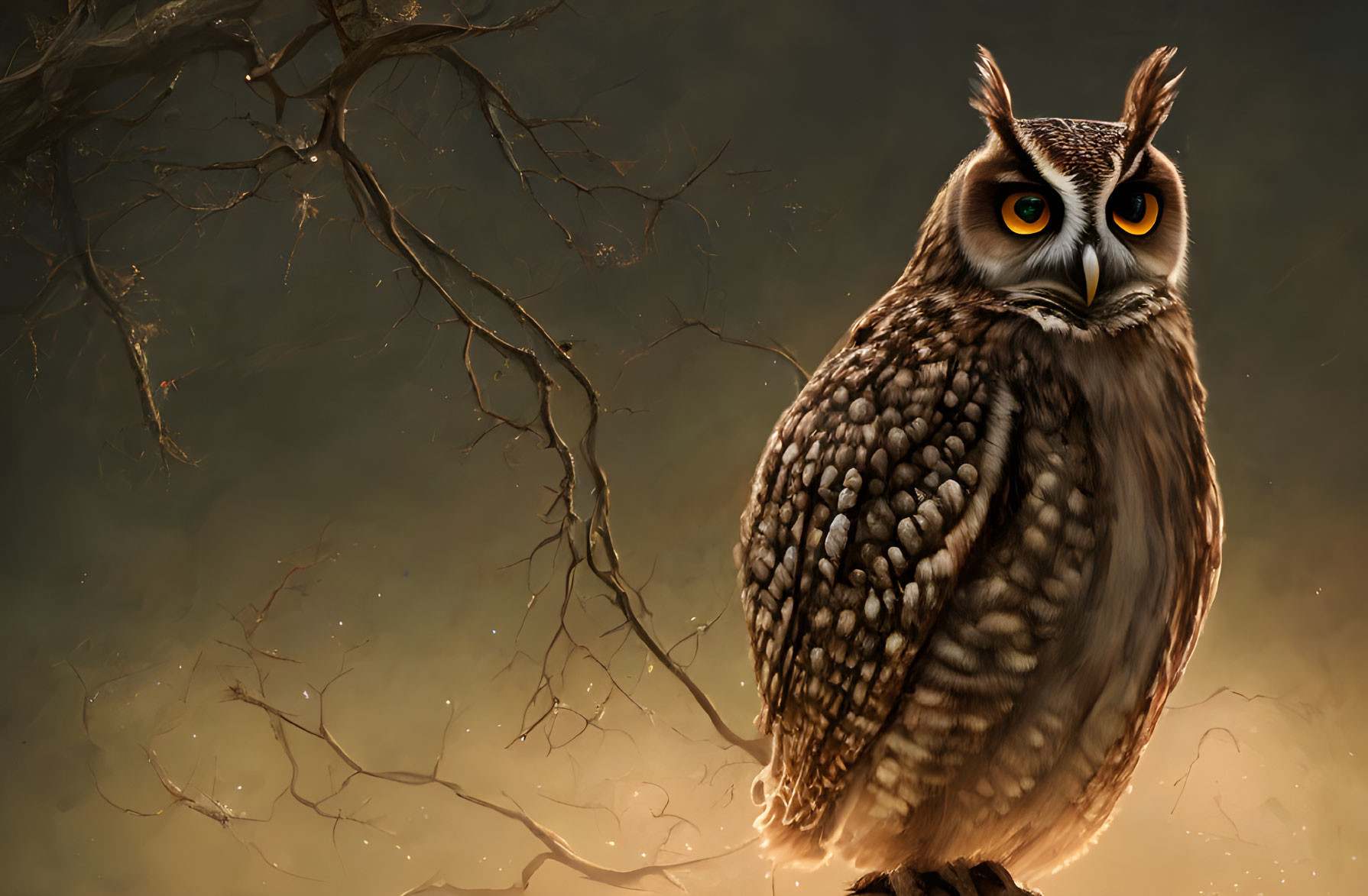 Majestic owl with vibrant orange eyes in a moody forest setting