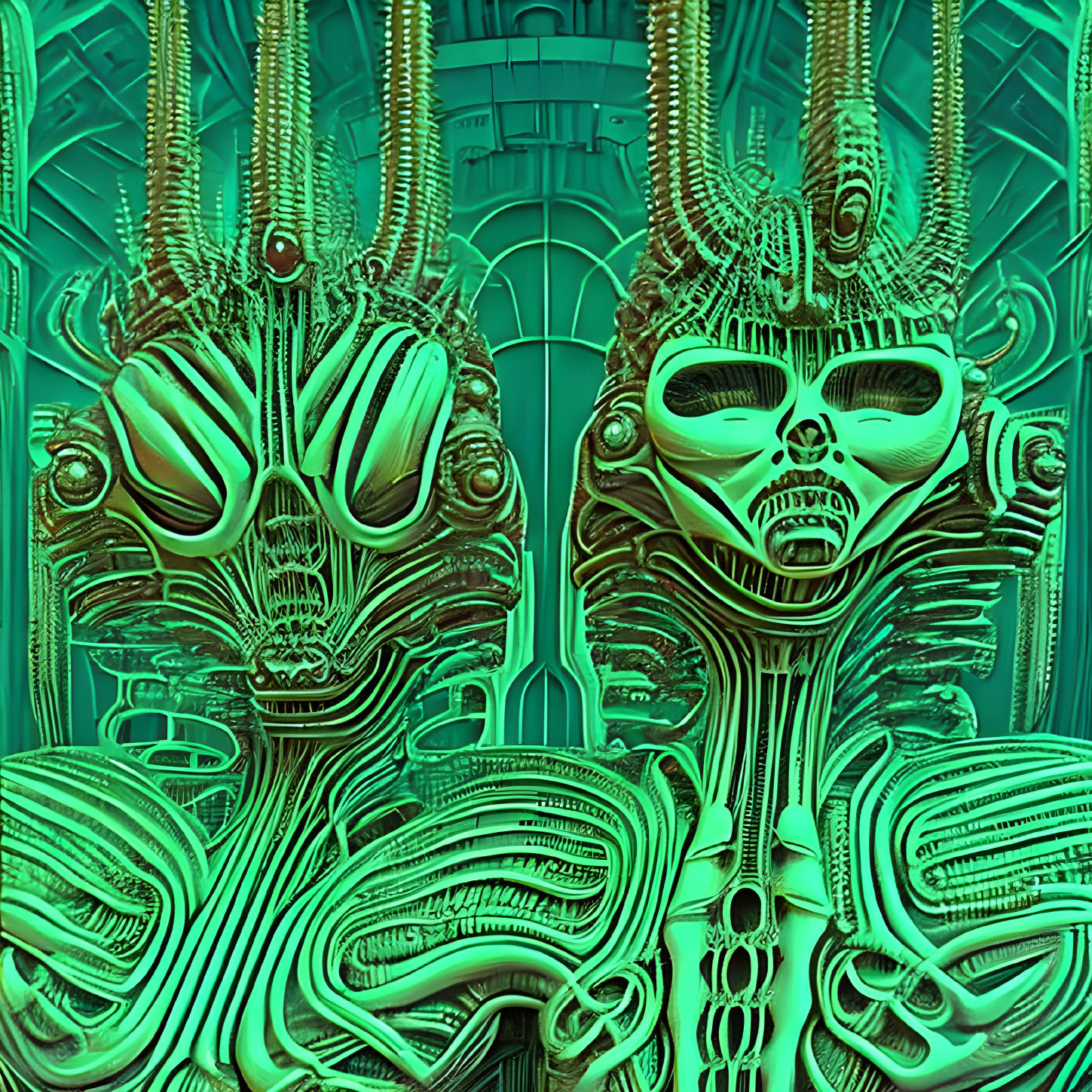 Detailed metallic humanoid figures on green patterned background