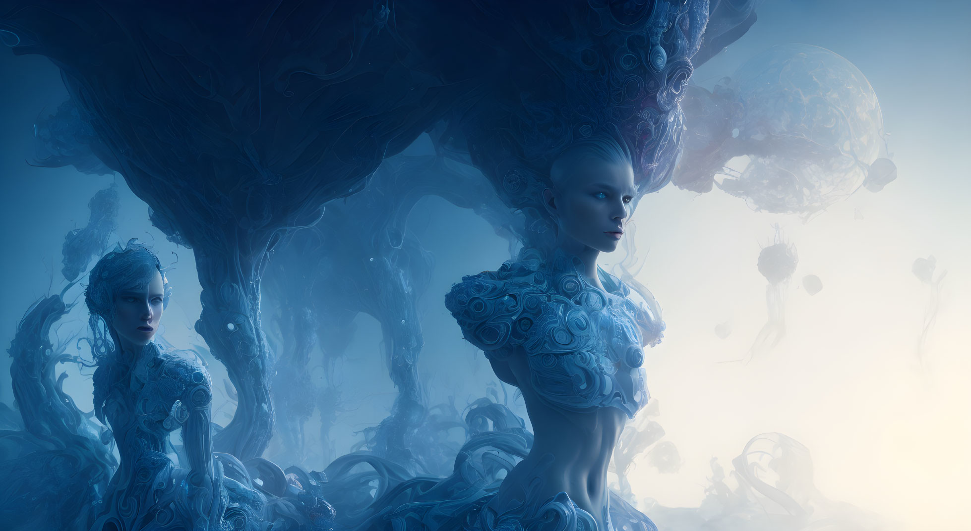 Surreal blue-toned artwork of ethereal women in elaborate dresses in a fantasy landscape.