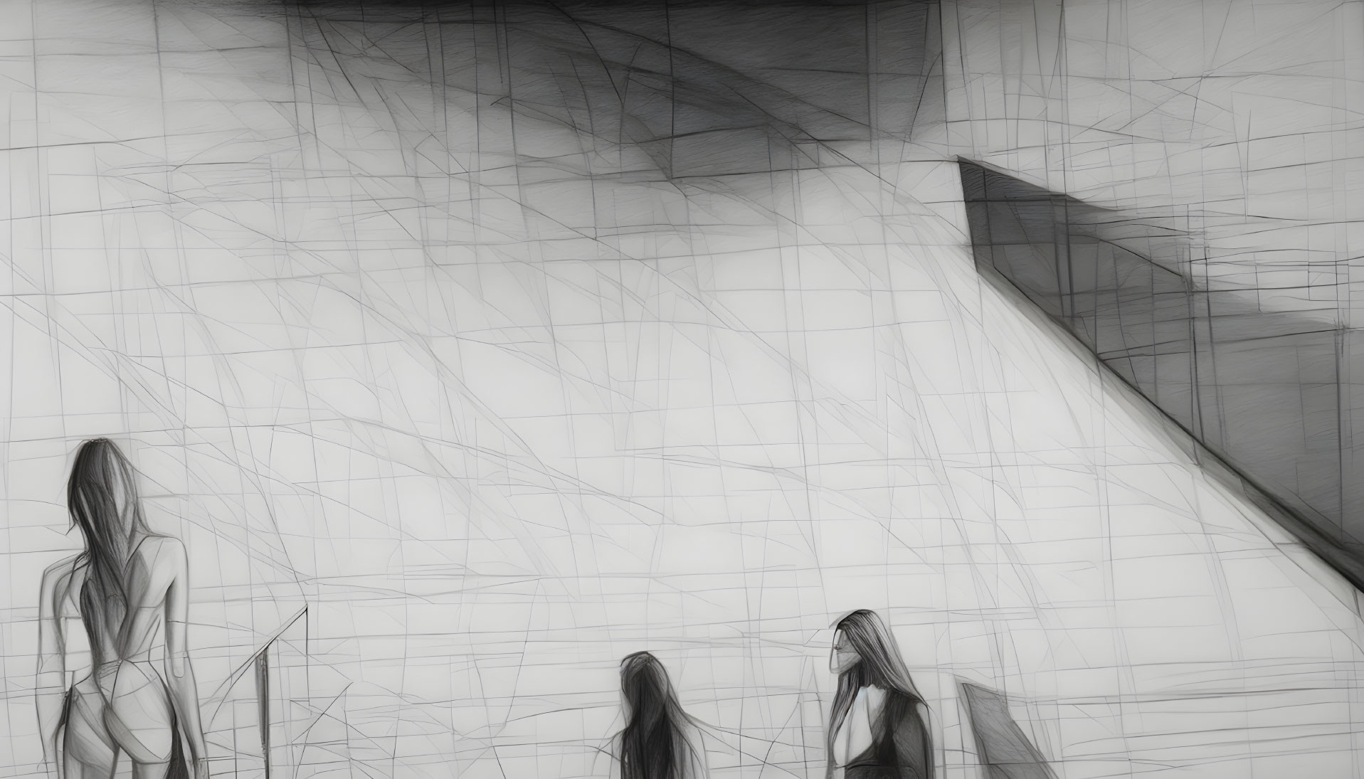 Abstract black and white sketch: Three female figures among geometric shapes and scribbles