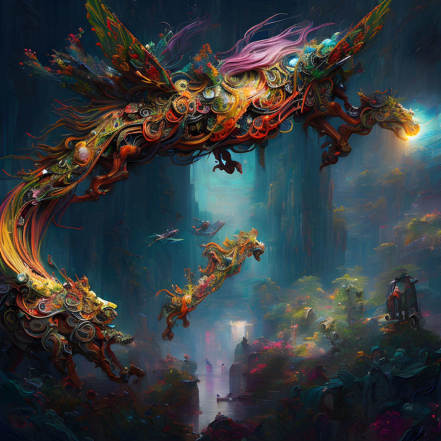 Colorful dragon flying in mystical forest with lush foliage and smaller companions