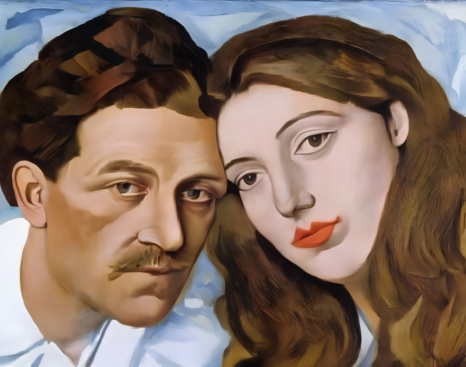 Surrealistic painting of man and woman's faces with exaggerated features on blue background