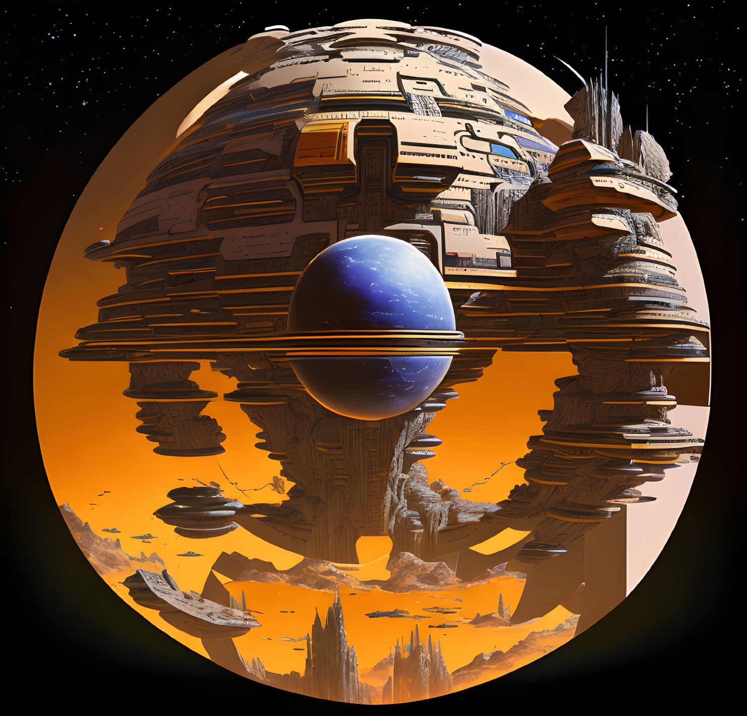 Futuristic spherical space station with skyscrapers on alien landscape