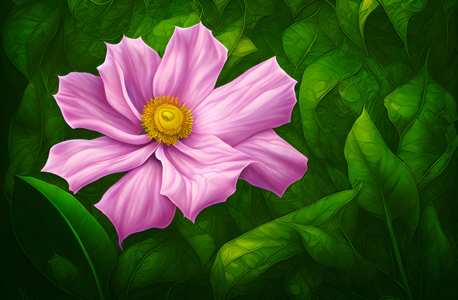 Vibrant pink flower with yellow center on lush green background