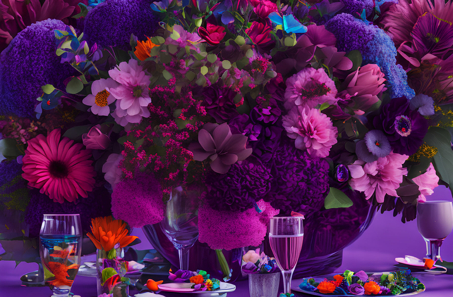 Colorful Flower Arrangement with Butterflies and Reflective Surface