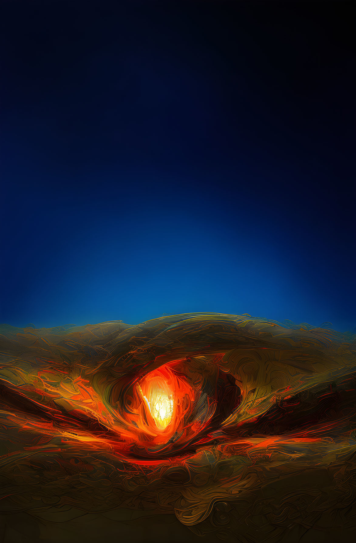 Fiery Swirl Surrounded by Blue and Black in Abstract Digital Art