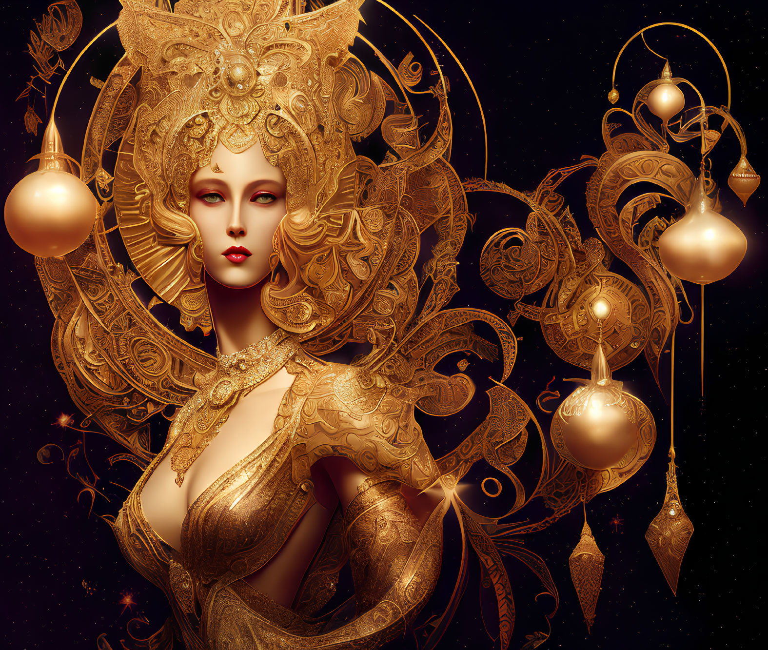 Regal figure in golden attire with celestial ornaments on dark background