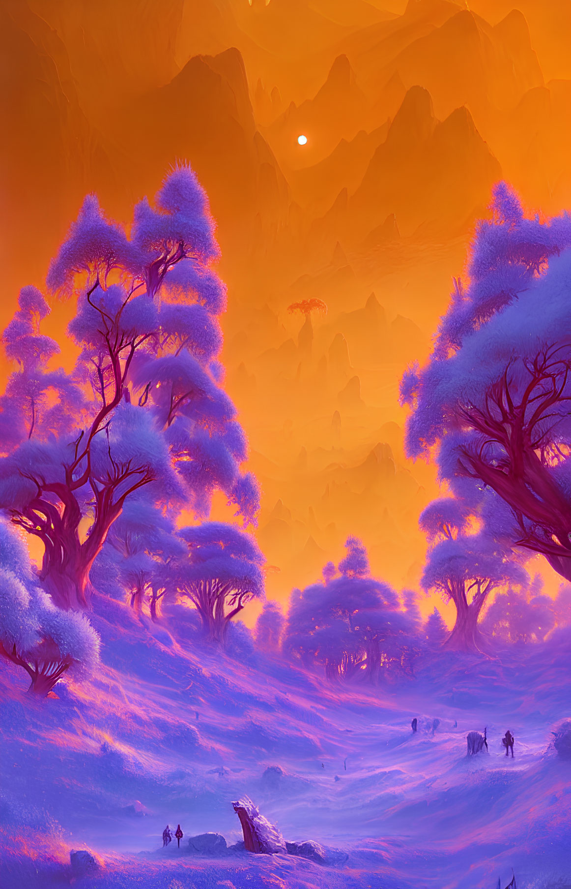 Vibrant purple and orange fantasy landscape with blue trees and red sun