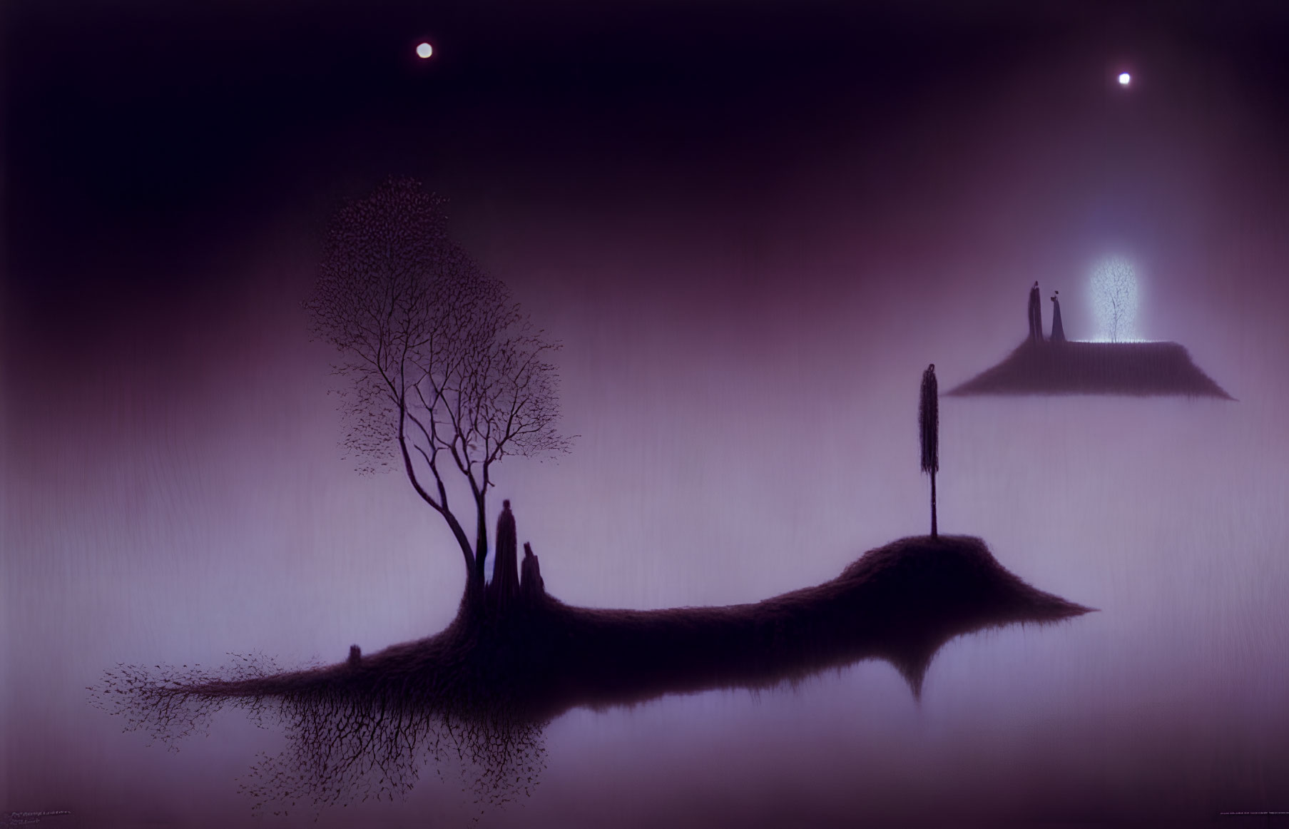 Purple-hued surreal landscape with leafless tree, figure on land bridge, and two moons