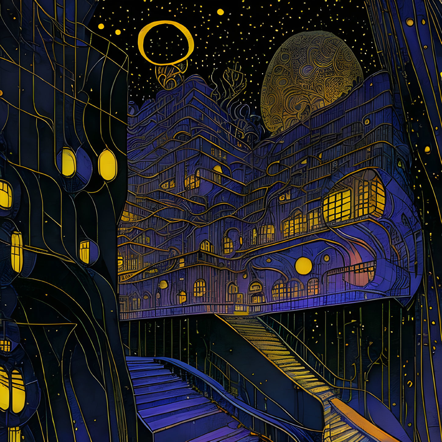 Multistory building at night with moon and stars in abstract cosmic style