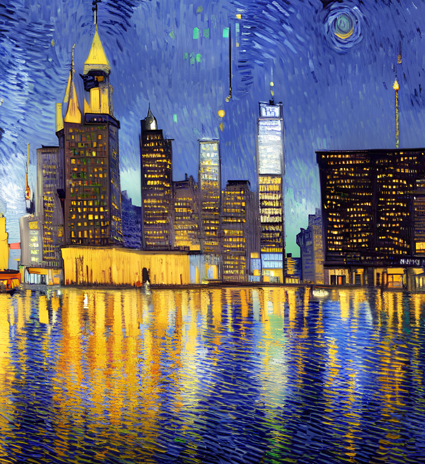 City skyline at night: Van Gogh-inspired painting with starry sky & illuminated buildings.