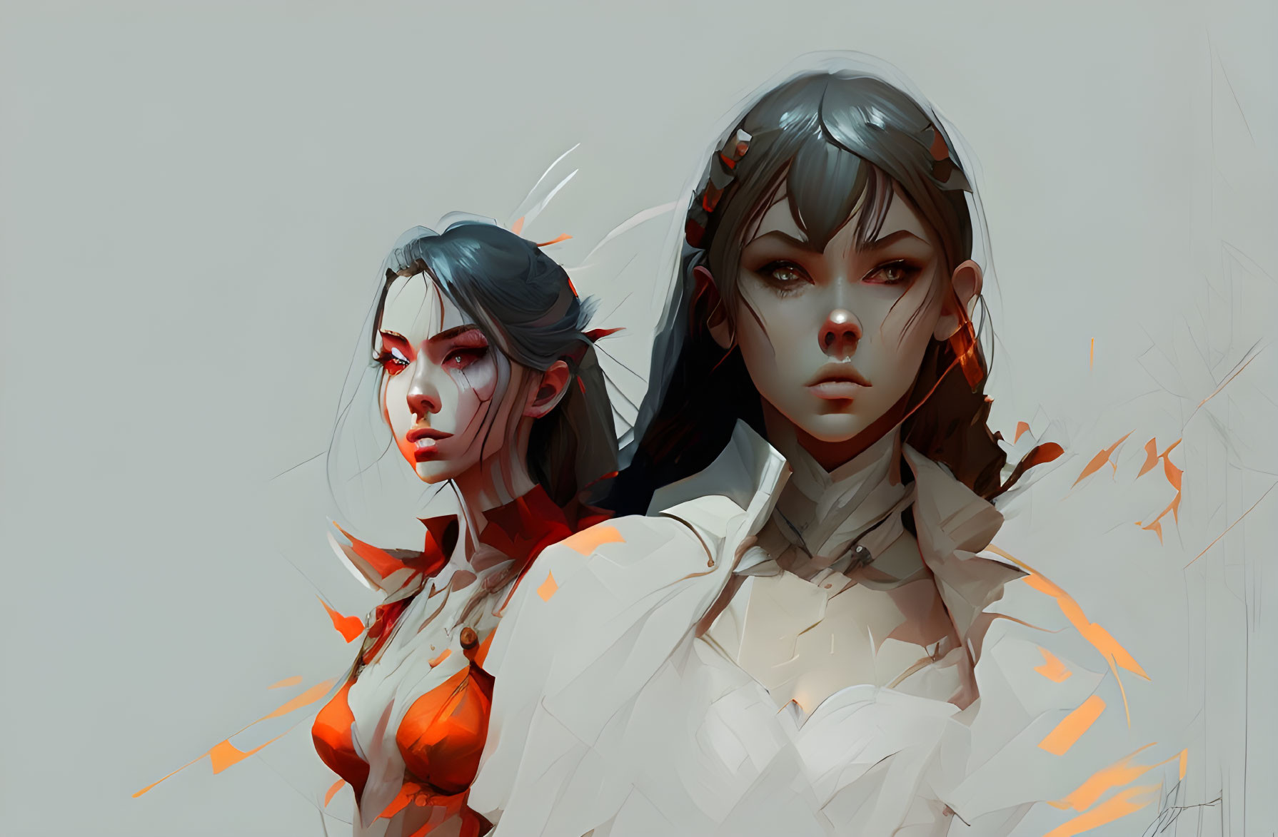 Stylized female characters with red eyes and futuristic details on neutral background