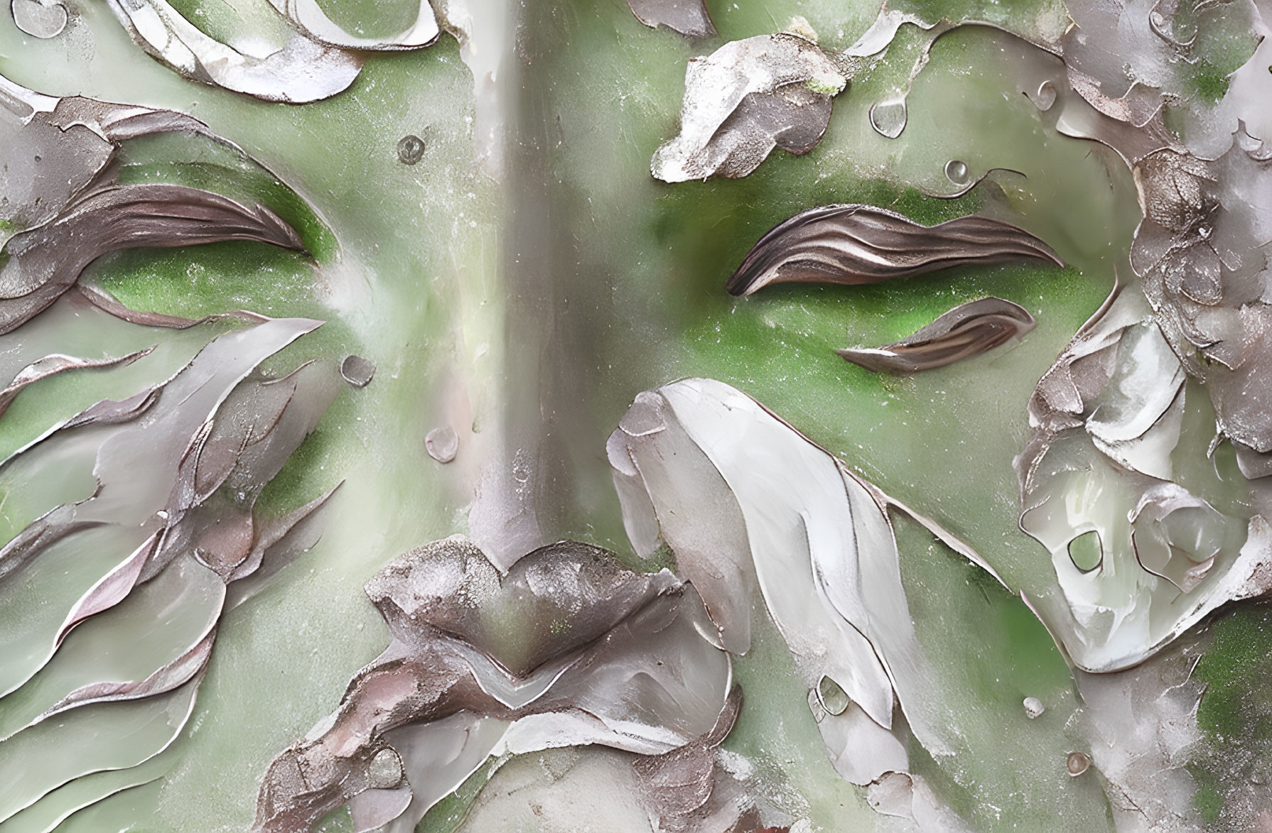 Green cactus with peeling white spines and thorns, displaying textured surface.