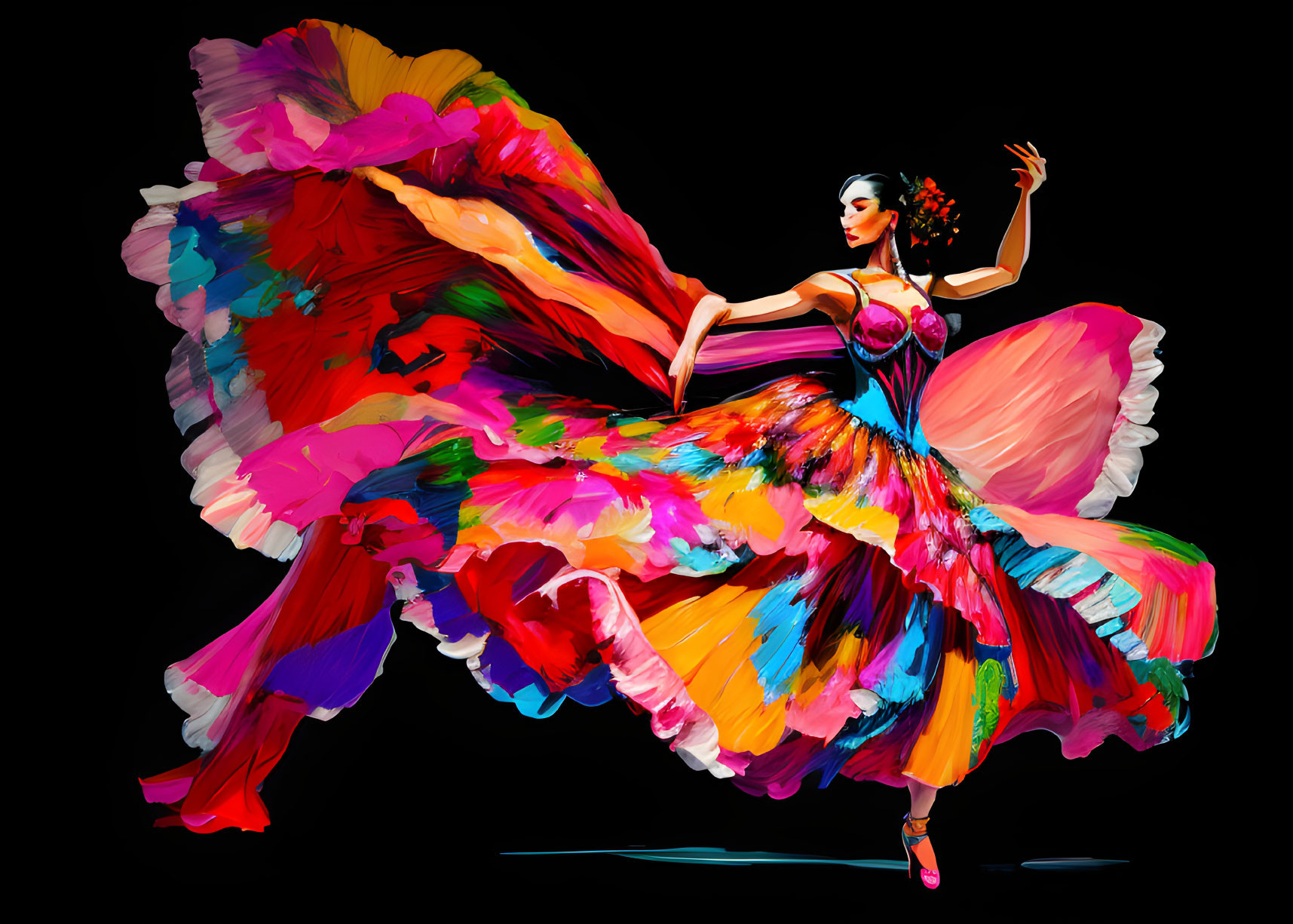 Colorful digital artwork of female dancer mid-twirl in flowing dress against black background